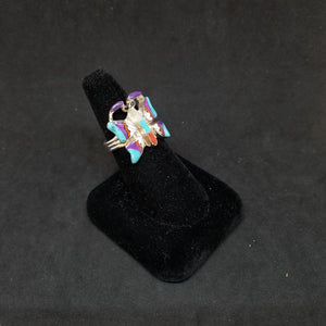 Colorful Butterfly inlay Mountain Turquoise Onyx Oyster Opal Sterling silver ring size 8 1/2