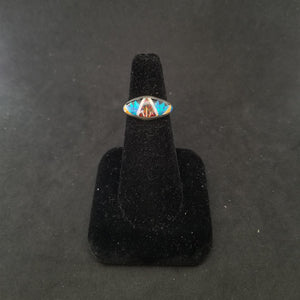 Shining Feathers and Cactus inlay multistone Opal Oyster Onyx Sterling silver ring size 6