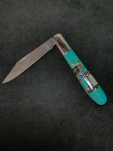 SMALL Turquoise inlay pocket knife with black sheath stiletto knife