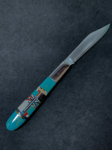 SMALL Turquoise inlay pocket knife with black sheath stiletto knife