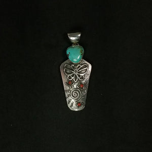 Oval kingman turquoise with three coral dots butterfly designed sterling silver pendant stamped S