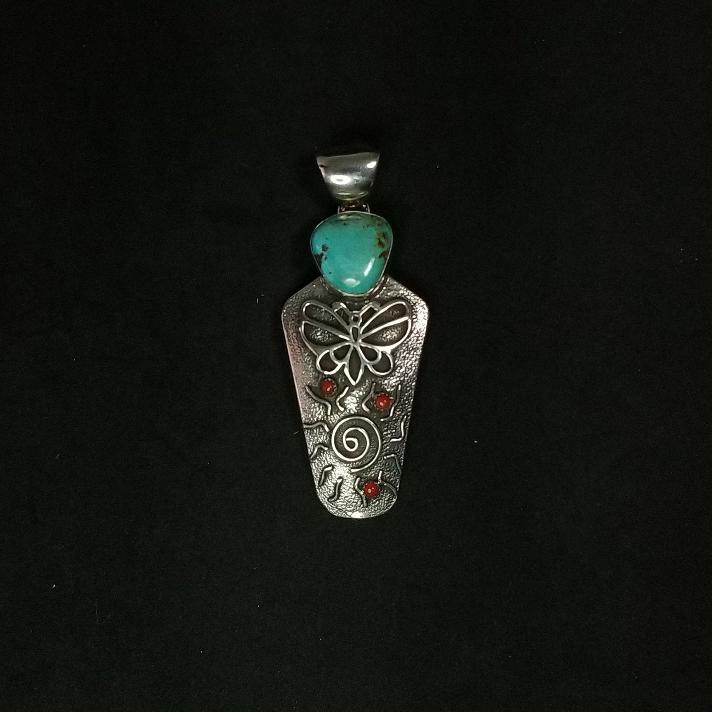 Oval kingman turquoise with three coral dots butterfly designed sterling silver pendant stamped S
