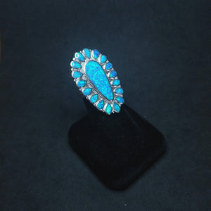 Cluster petit point blue fire opal teardrop design sterling silver ring