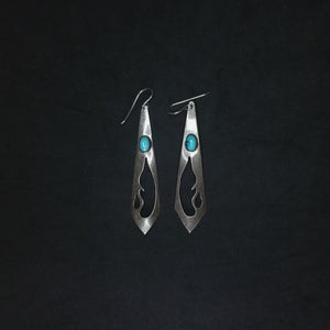 Vintage - Long Thin with Oval turquoise  sterling silver dangle earrings