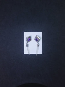 Oval Amethyst with Rhombus dots and Crystal long thin sterling silver stud earrings - Vintage