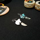 Navajo Inlay Bear hanging feather Kingman Turquoise Coral Onyx Pearl Sterling silver dangle earrings