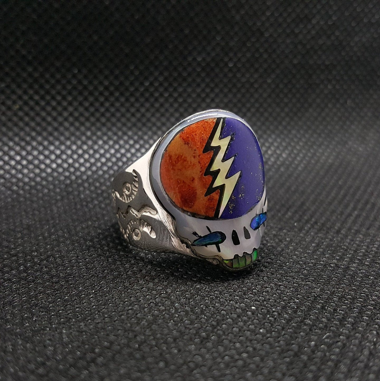 Skull Ring Lightning Inlay White Pearl Fire Coral Lapis Lazuli Sterling Silver