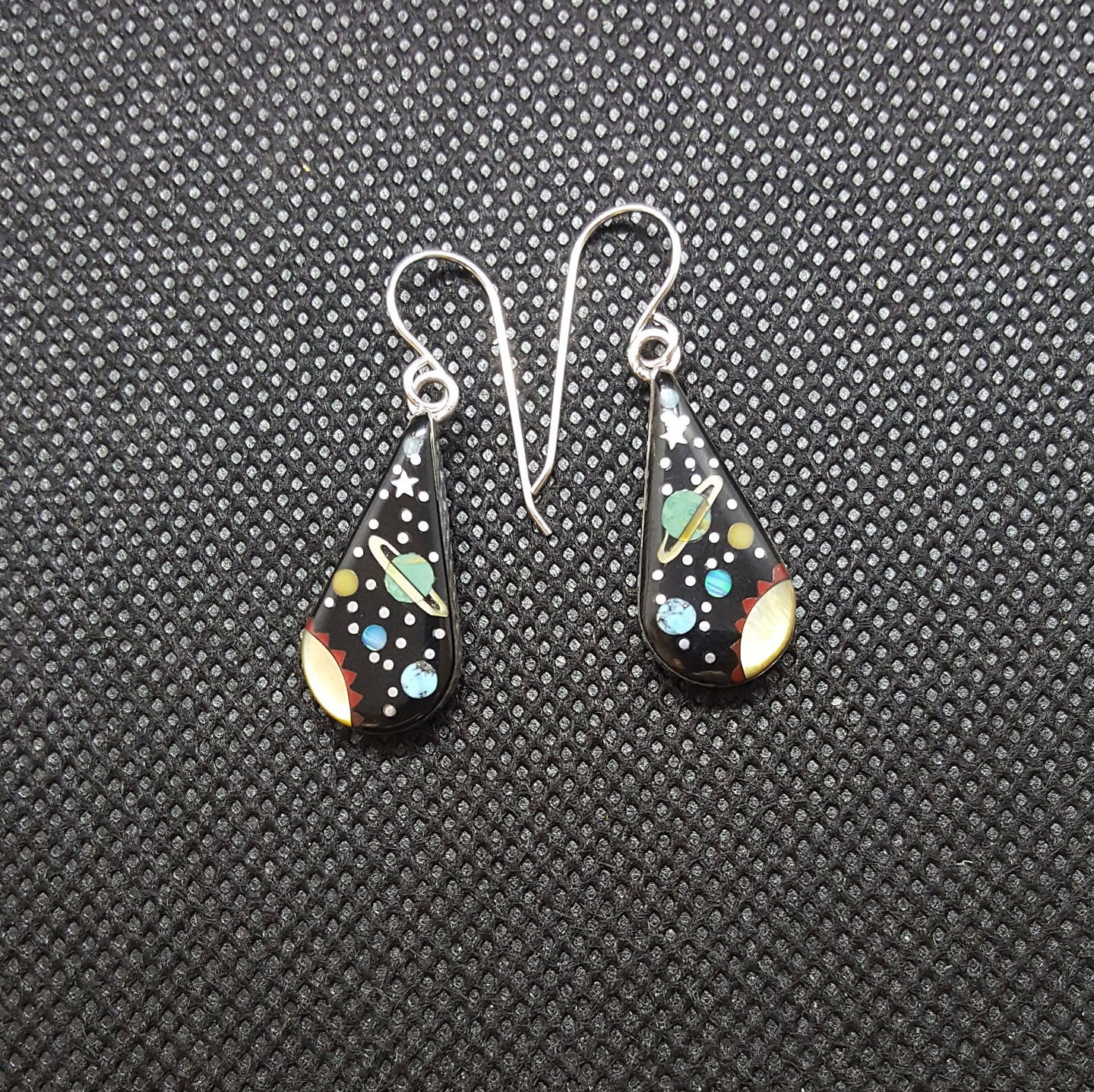 Galaxy Black Onyx Kingman and Green Turquoise White and Yellow Mother of Pearl Blue Opal earrings Sterling Silver