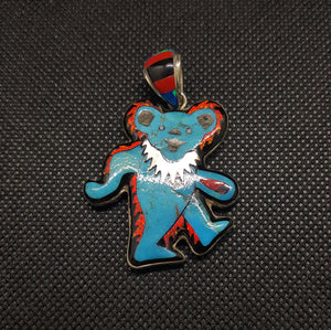 Inlay Kingman Turquoise Red Opal Black Onyx Fire Coral Blue Opal White Mother of Pearl Bear Pendant Necklace Sterling Silver