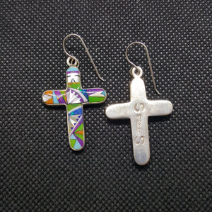Inlay Cross Multi Gem Turquoise Opal Spiny Oyster Mother of Pearl Black Onyx Earing Sterling Silver