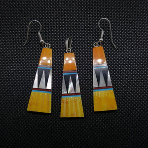 Silver Orange Spiny Oyster Fire Coral Black Onyx White Mother of Pearl Yellow Coral Earrings and Pendant Sterling Silver