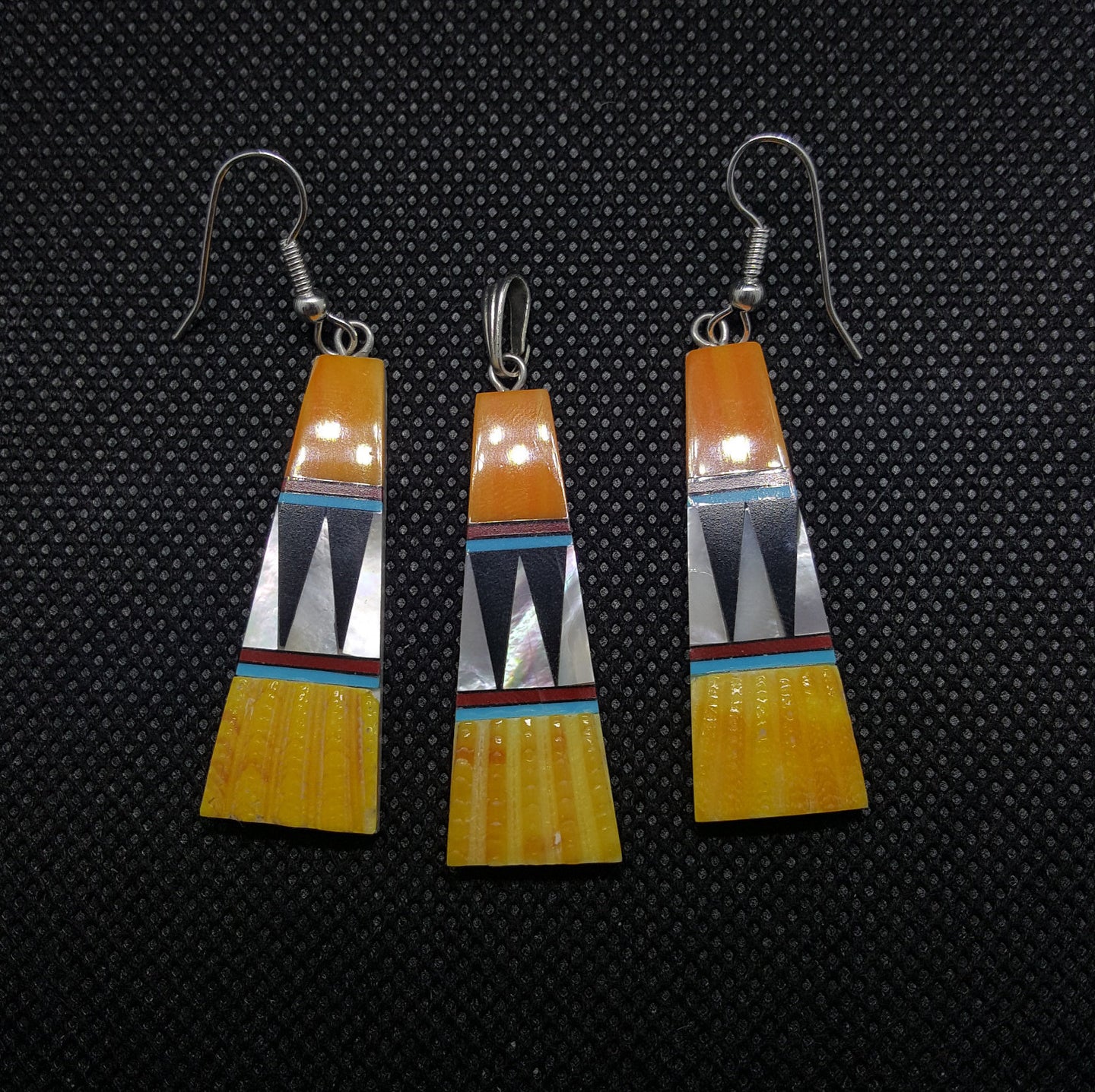 Silver Orange Spiny Oyster Fire Coral Black Onyx White Mother of Pearl Yellow Coral Earrings and Pendant Sterling Silver