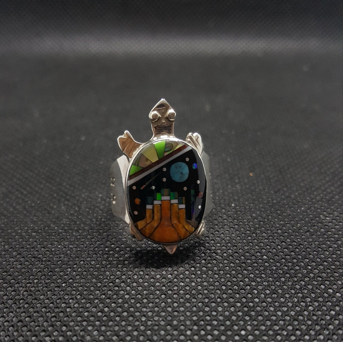 Turtle Inlay Kingman Green Turquoise Black Onyx Spiny Oyster Green Opal Abalone Shell White Yellow Mother of Pearl Ring Sterling Silver