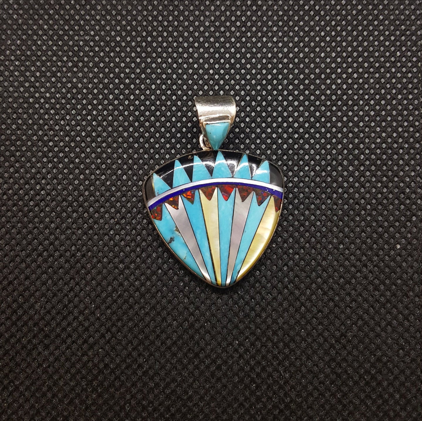 Silver Triangle Inlay Kingman Turquoise Black Onyx Red Opal White Mother of Pearl Yellow Mother of Pearl Pendant Necklace Sterling Silver