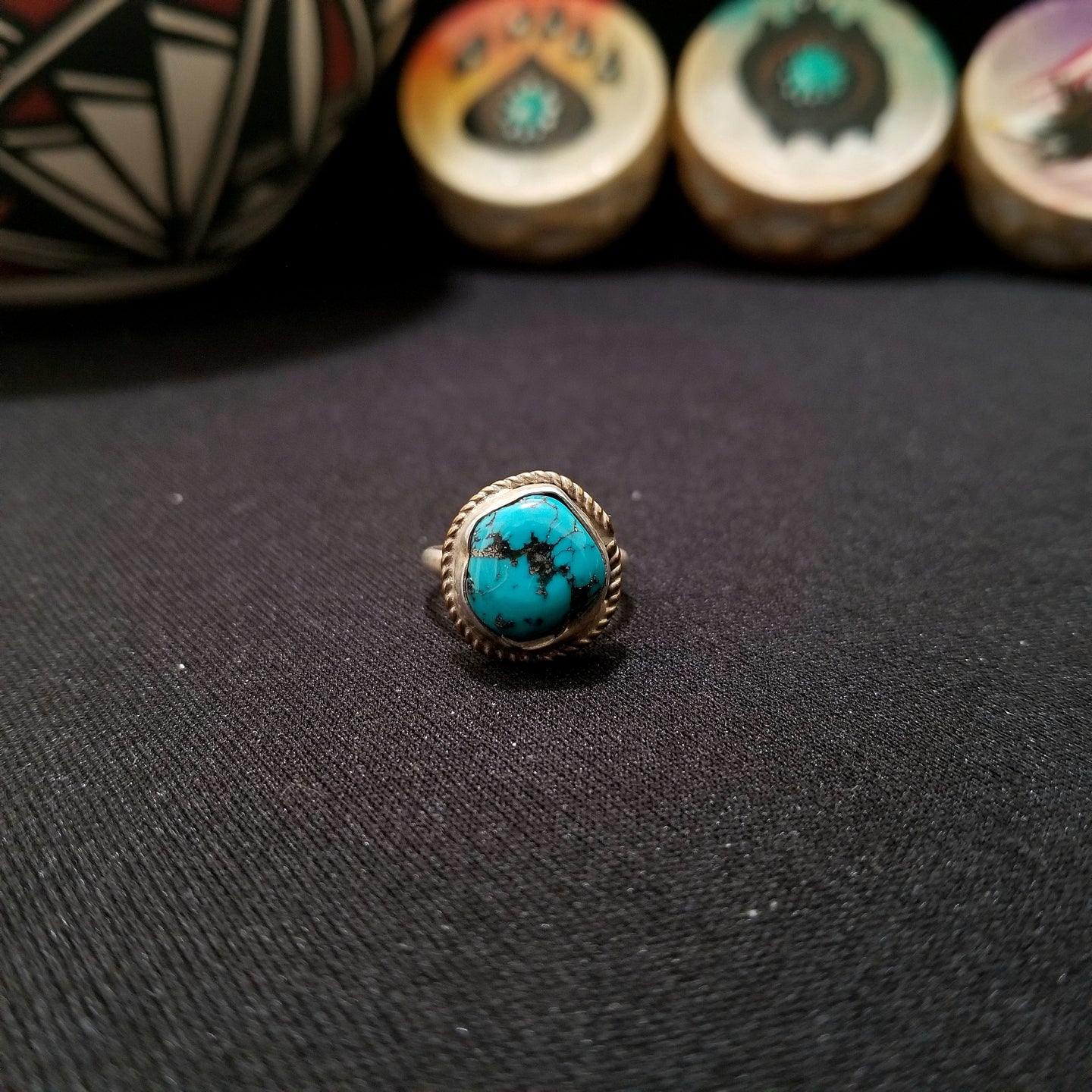 Navajo Twist Natural shape Kingman Turquoise thin band sterling silver vintage ring