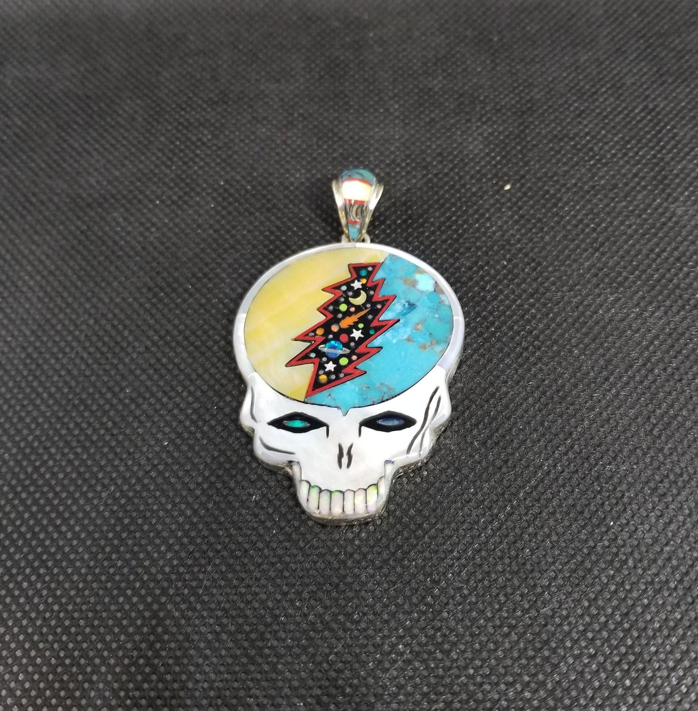 skull galaxy kingman turquoise black onyx yellow mother of pearl green opal white opal pendant necklace sterling silver