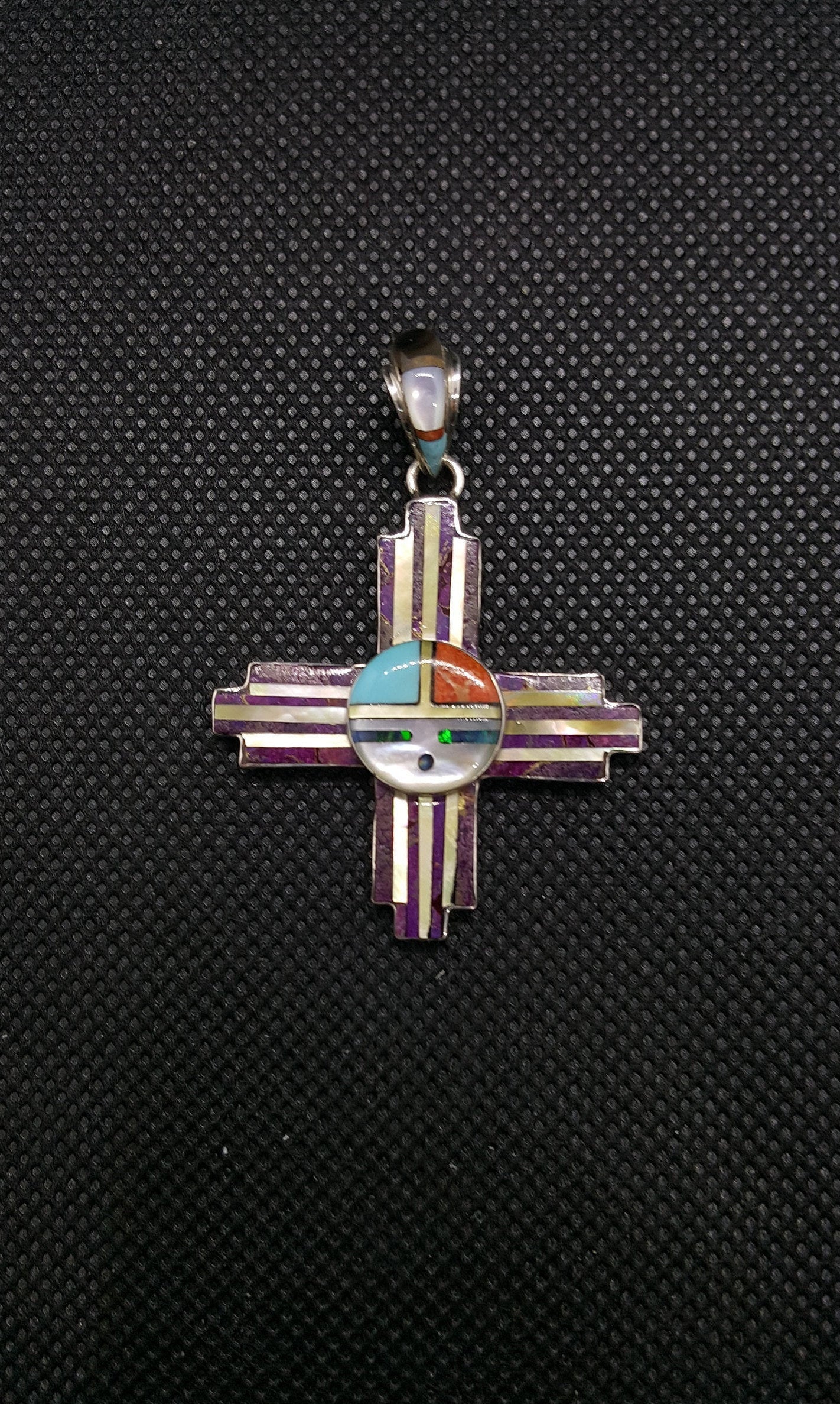 Zia Cross Inlay Mother of Pearl Turquoise Opal Oyster pendant necklace Sterling Silver