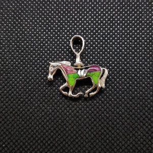Double Sided Black Onyx White Mother of Pearl Green and Purple Turquoise Red Spiny Oyster inlay Horse Sterling Silver Pendant Necklace