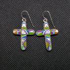 Inlay Cross Multi Gem Turquoise Opal Spiny Oyster Mother of Pearl Black Onyx Earing Sterling Silver
