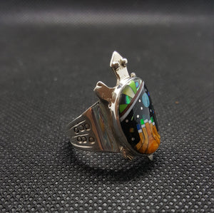 Turtle Inlay Kingman Green Turquoise Black Onyx Spiny Oyster Green Opal Abalone Shell White Yellow Mother of Pearl Ring Sterling Silver