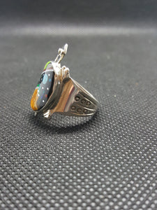 Turtle Inlay Kingman Green Turquoise Black Onyx Spiny Oyster Green Opal Abalone Shell White Yellow Mother of Pearl Ring Sterling Silver