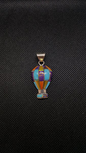 Silver Hot Air Balloon Inlay Kingman and Purple Turquoise Spiny Oyster White Opal Yellow Mother of Pearl Pendant Necklace Sterling Silver