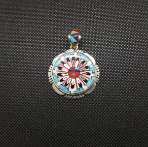 Silver Circle Sun Inlay Kingman White Buffalo Black Onyx Red Coral Pendant Necklace Sterling Silver