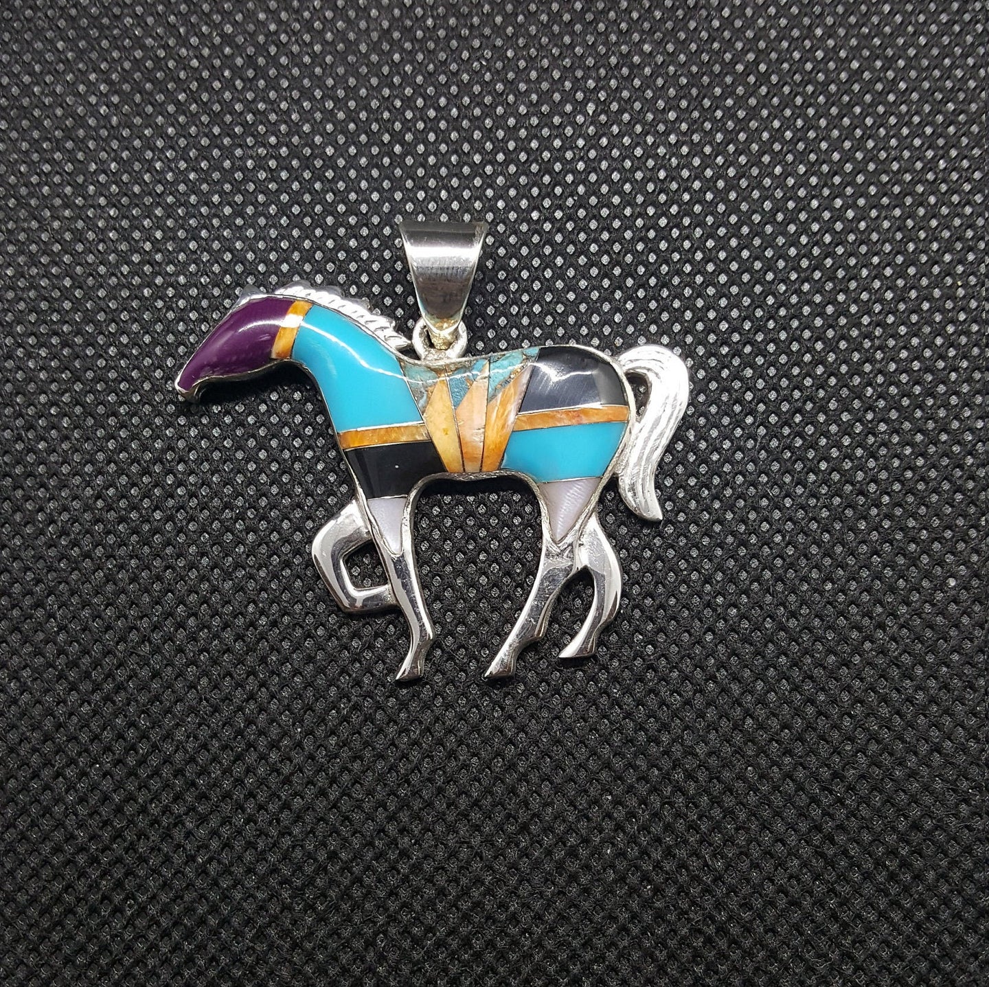 Inlay Horse Kingman and Purple Turquoise Black Onyx White Mother of Pearl Spiny Oyster Pendant Necklace Sterling Silver