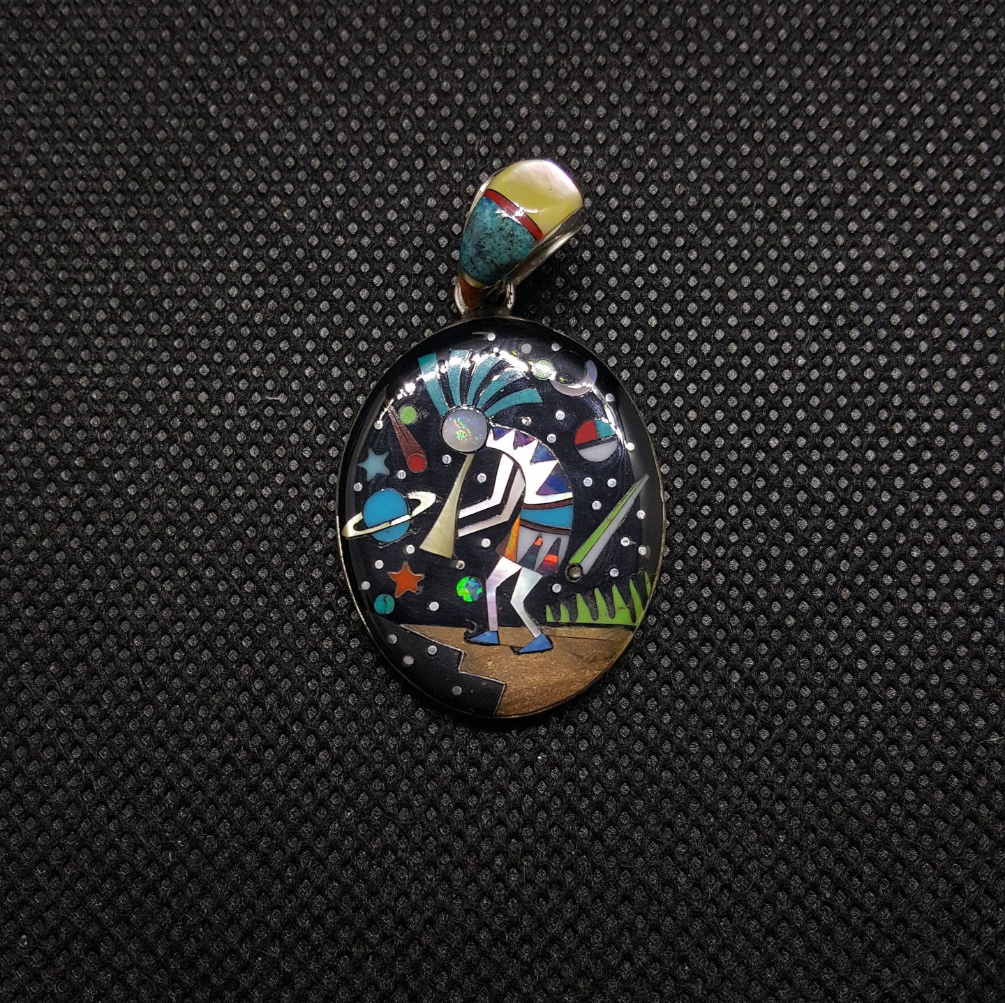 Silver Galaxy Kokopelli Multi Stone Inlay Pendant Necklace Sterling Silver